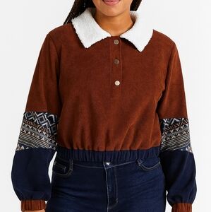 Brown and Blue Long Sleeve Top with White Collar